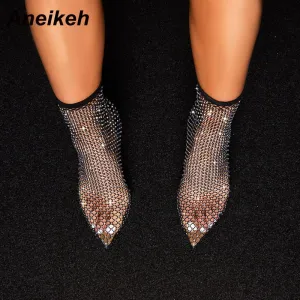 Aneikeh Bottes à Mesh Cristal Printemps Nouveau Femme, Chaussures à Talons Hauts PVC, Escarpins à Talons Fins, Sandales Sexy pour Soirée, Mariage, Taille 42, Chaussures Fashion Nova