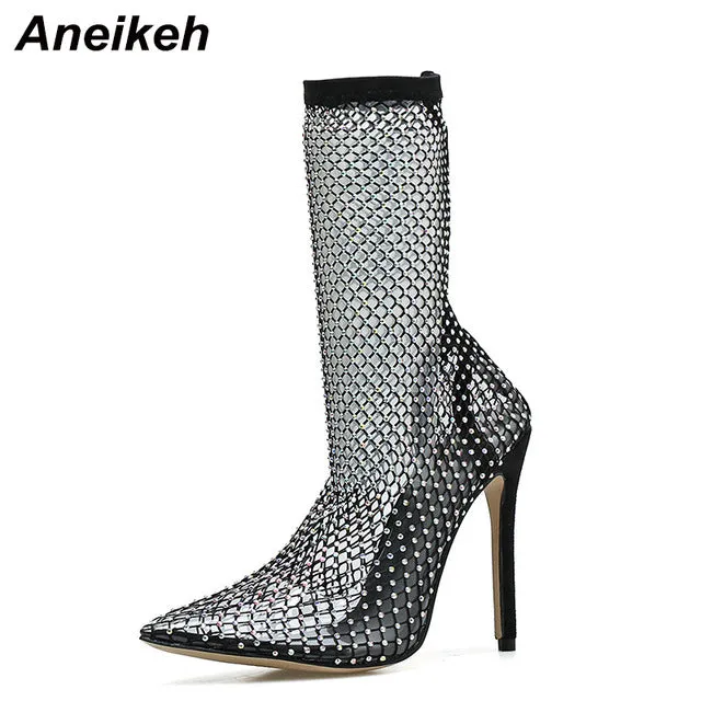 Aneikeh Bottes à Mesh Cristal Printemps Nouveau Femme, Chaussures à Talons Hauts PVC, Escarpins à Talons Fins, Sandales Sexy pour Soirée, Mariage, Taille 42, Chaussures Fashion Nova