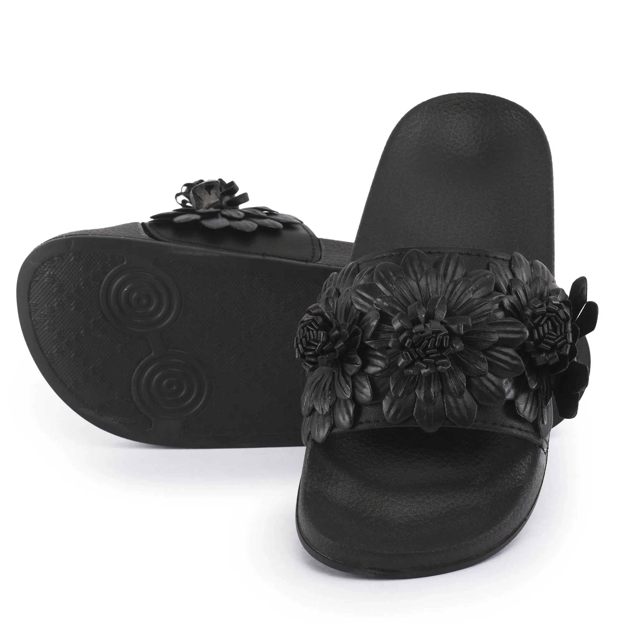 Sliders Plats à Fleurs Noires