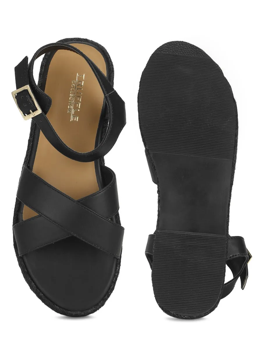 Espadrilles en jute à lanières croisées PU noir