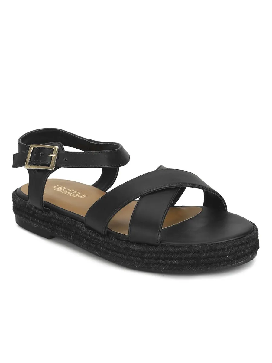 Espadrilles en jute à lanières croisées PU noir