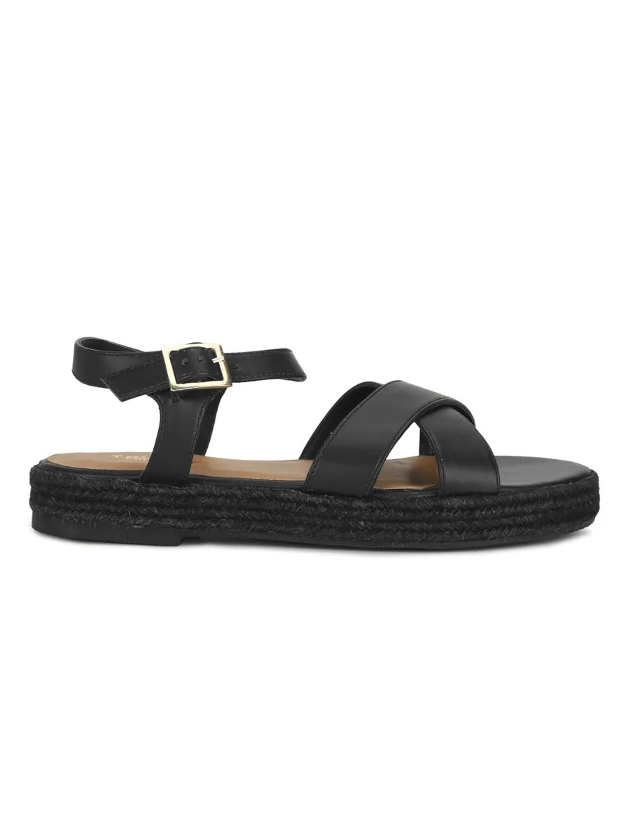 Espadrilles en jute à lanières croisées PU noir