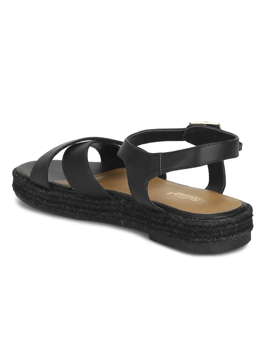 Espadrilles en jute à lanières croisées PU noir