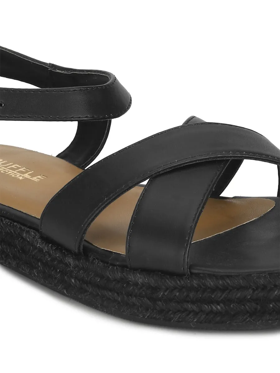 Espadrilles en jute à lanières croisées PU noir