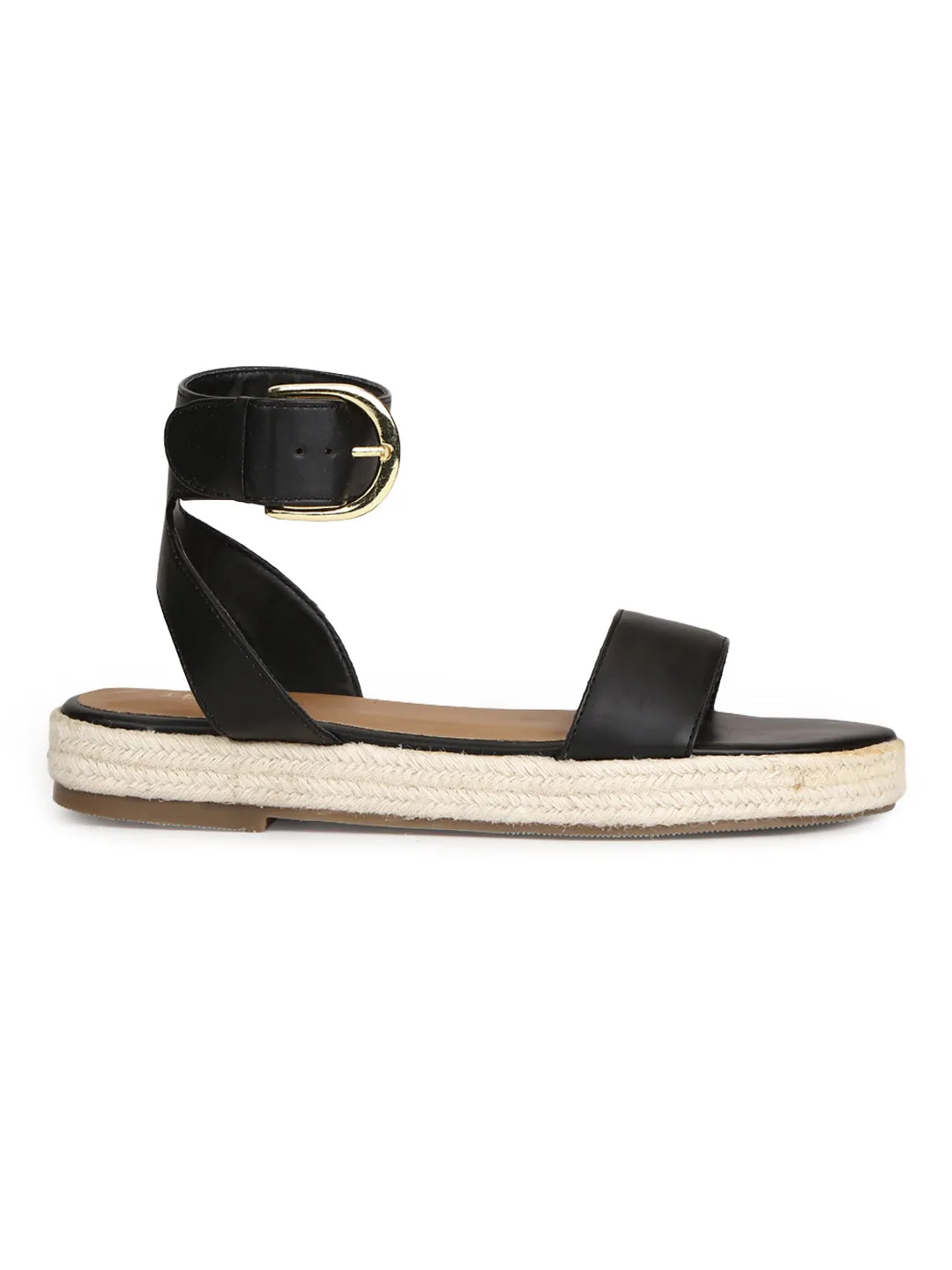 Espadrilles en jute PU noir avec bride à la cheville