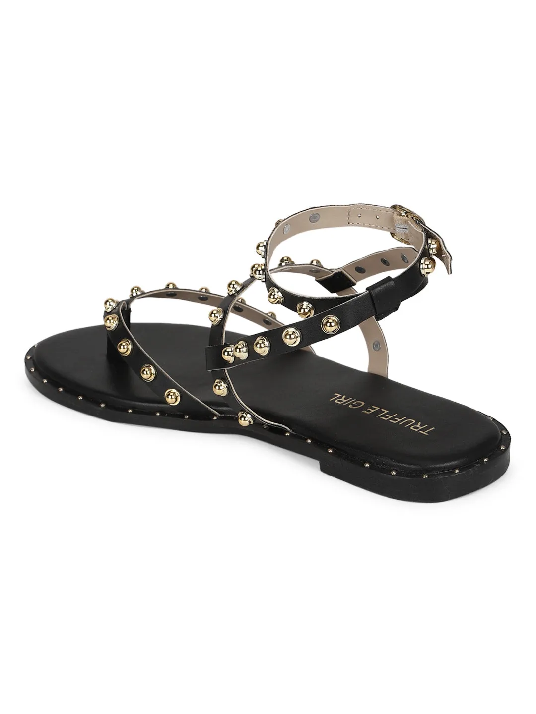 Sandales plates à clous en PU noir (TC-ST-1209-BLK)