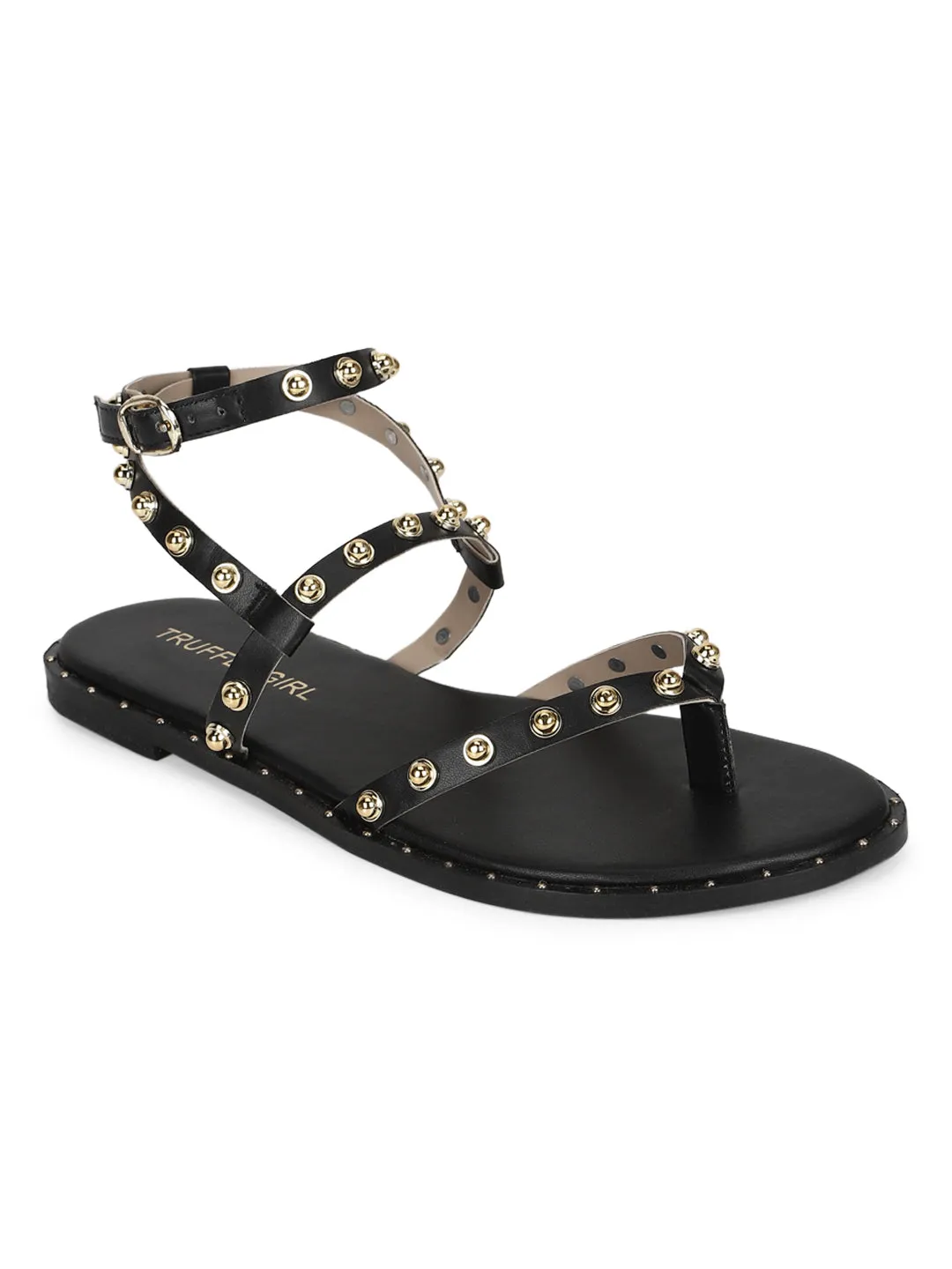 Sandales plates à clous en PU noir (TC-ST-1209-BLK)