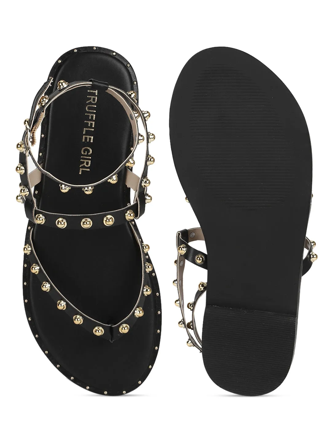 Sandales plates à clous en PU noir (TC-ST-1209-BLK)