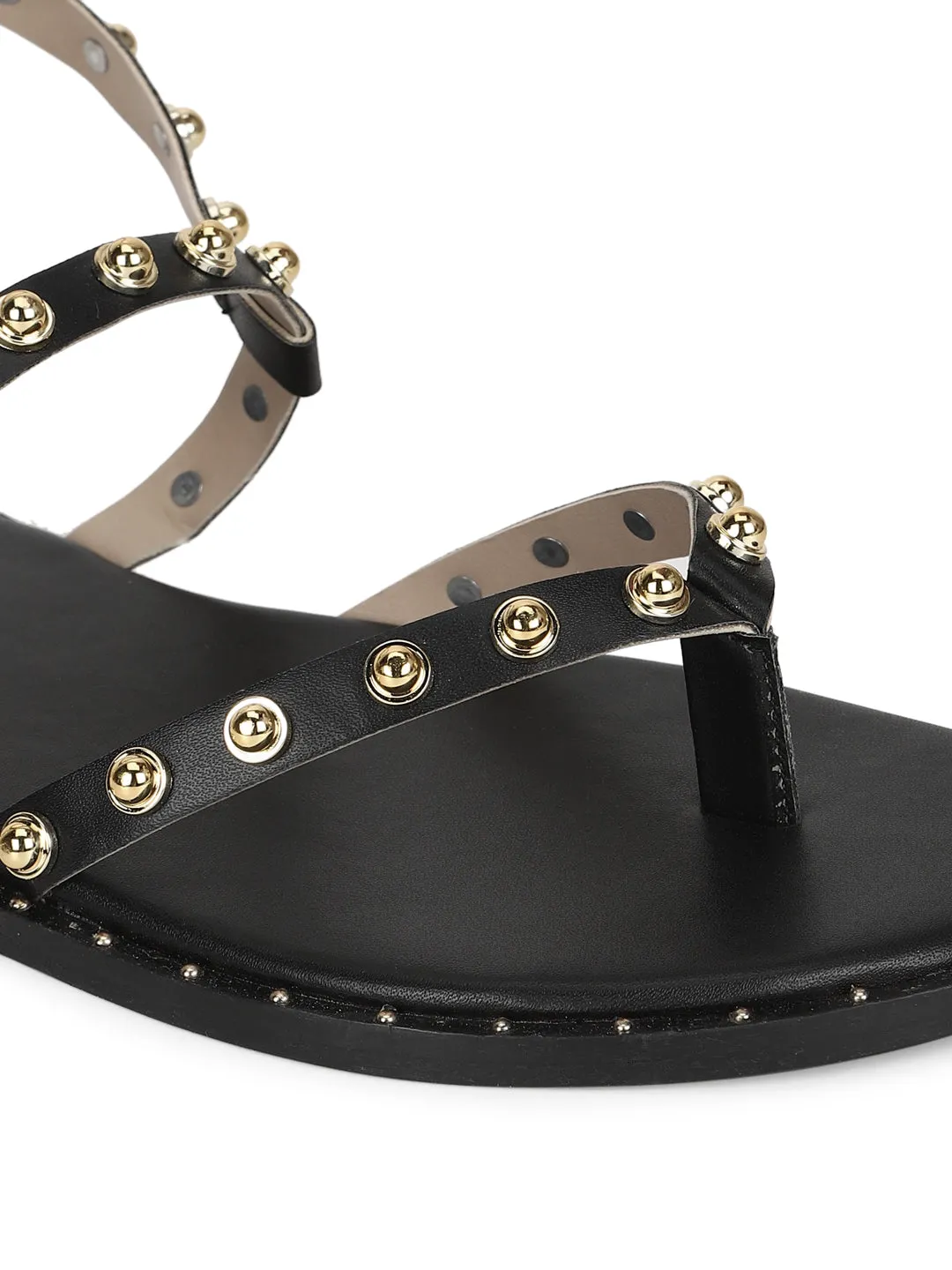 Sandales plates à clous en PU noir (TC-ST-1209-BLK)