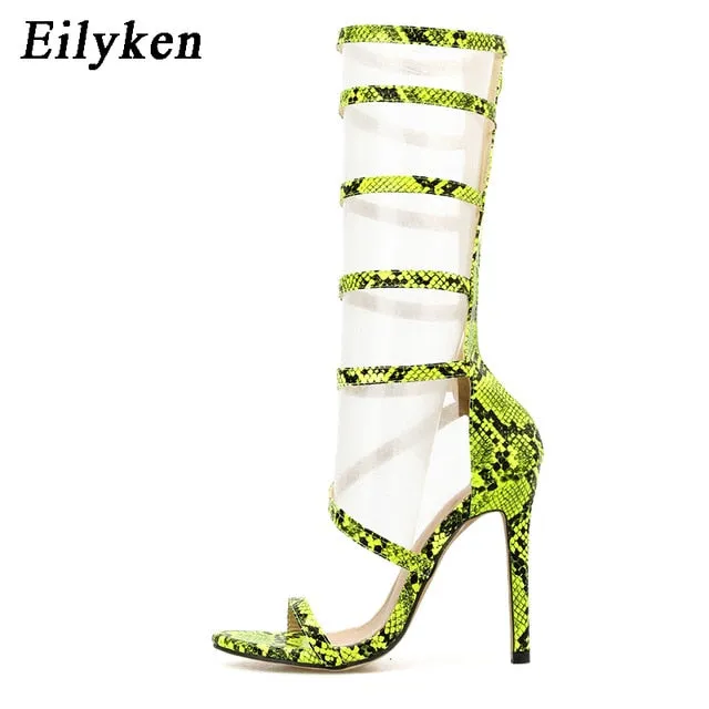 EilyKen Nouvelle Mode Bottes Sandales à Talons Hauts Ouvertes Serpentine Verte Pumps à Fermeture Éclair Chaussures pour Femmes pour Fête Chaussures Fashion Nova