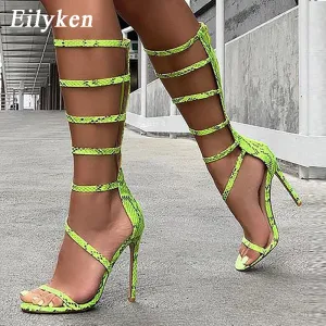 EilyKen Nouvelle Mode Bottes Sandales à Talons Hauts Ouvertes Serpentine Verte Pumps à Fermeture Éclair Chaussures pour Femmes pour Fête Chaussures Fashion Nova