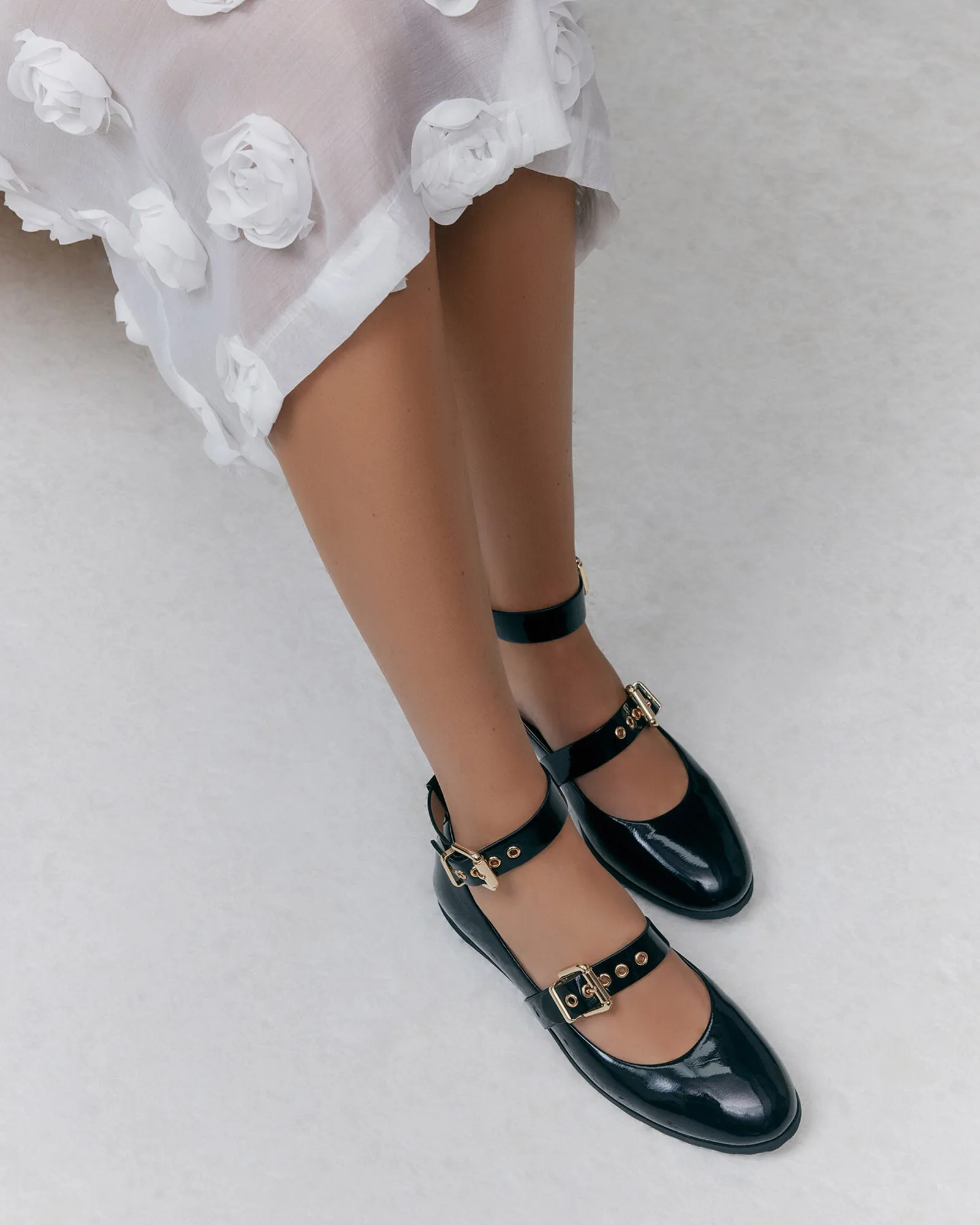 HERA FLATS DÉCONTRACTÉS NOIR VERNIS FROISSÉ