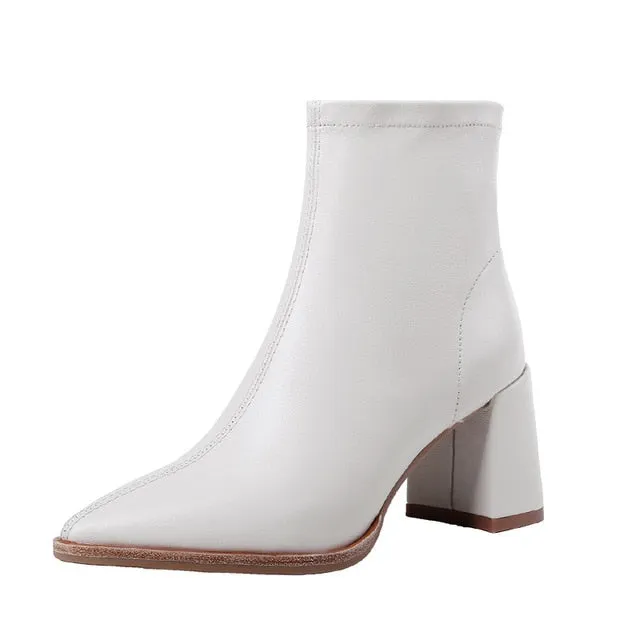 ISNOM Bottines en peau de mouton pour femmes, bottines à cheville, chaussures à la mode à bout pointu, talons hauts avec fermeture éclair, chaussures de soirée pour femmes, printemps rose 2020, chaussures Fashion Nova