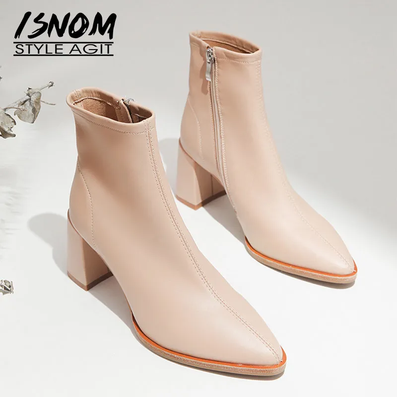 ISNOM Bottines en peau de mouton pour femmes, bottines à cheville, chaussures à la mode à bout pointu, talons hauts avec fermeture éclair, chaussures de soirée pour femmes, printemps rose 2020, chaussures Fashion Nova