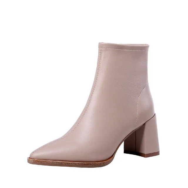 ISNOM Bottines en peau de mouton pour femmes, bottines à cheville, chaussures à la mode à bout pointu, talons hauts avec fermeture éclair, chaussures de soirée pour femmes, printemps rose 2020, chaussures Fashion Nova