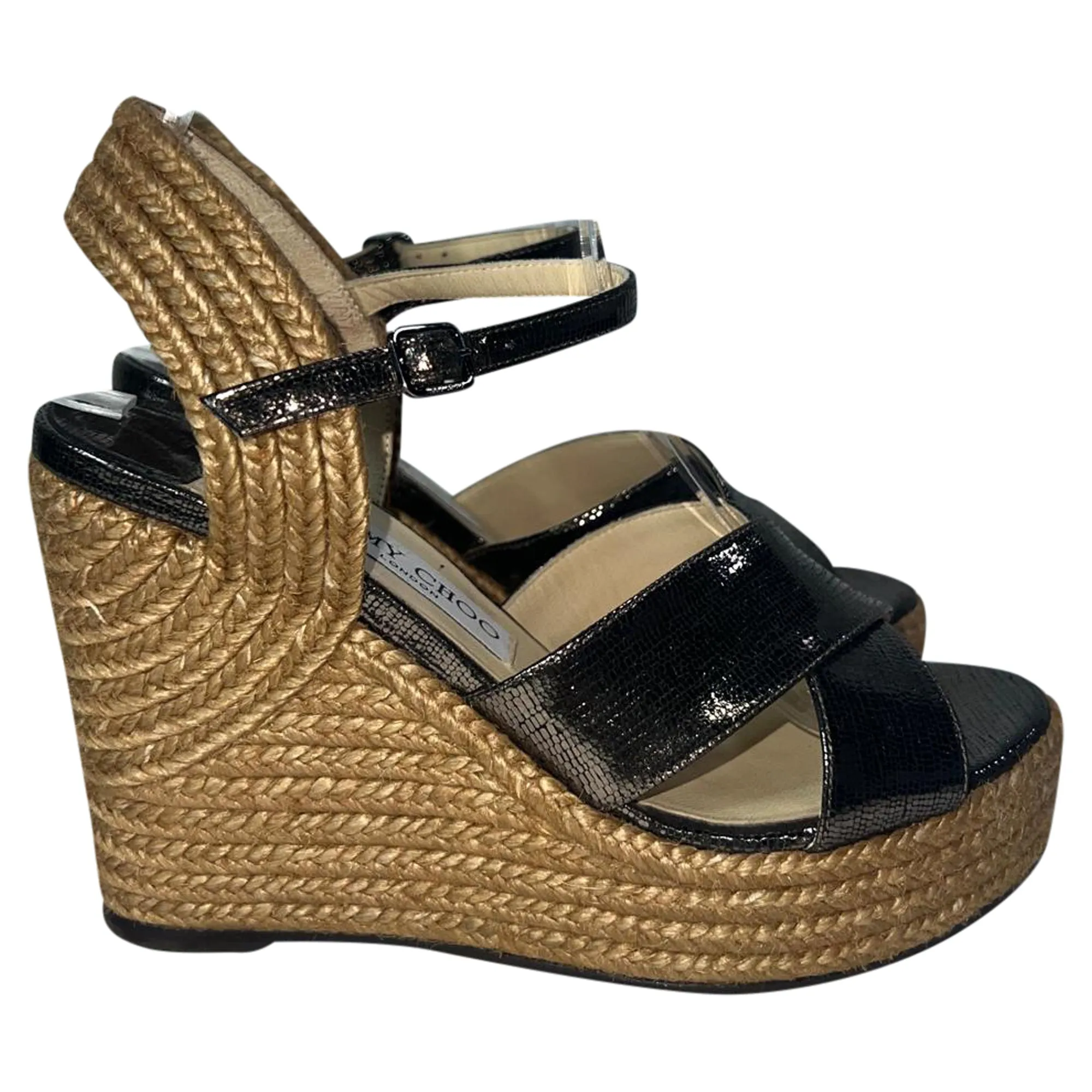 Jimmy Choo Dellena Sandales à Wedge Espadrille en Cuir Noir_Jimmy-Choo