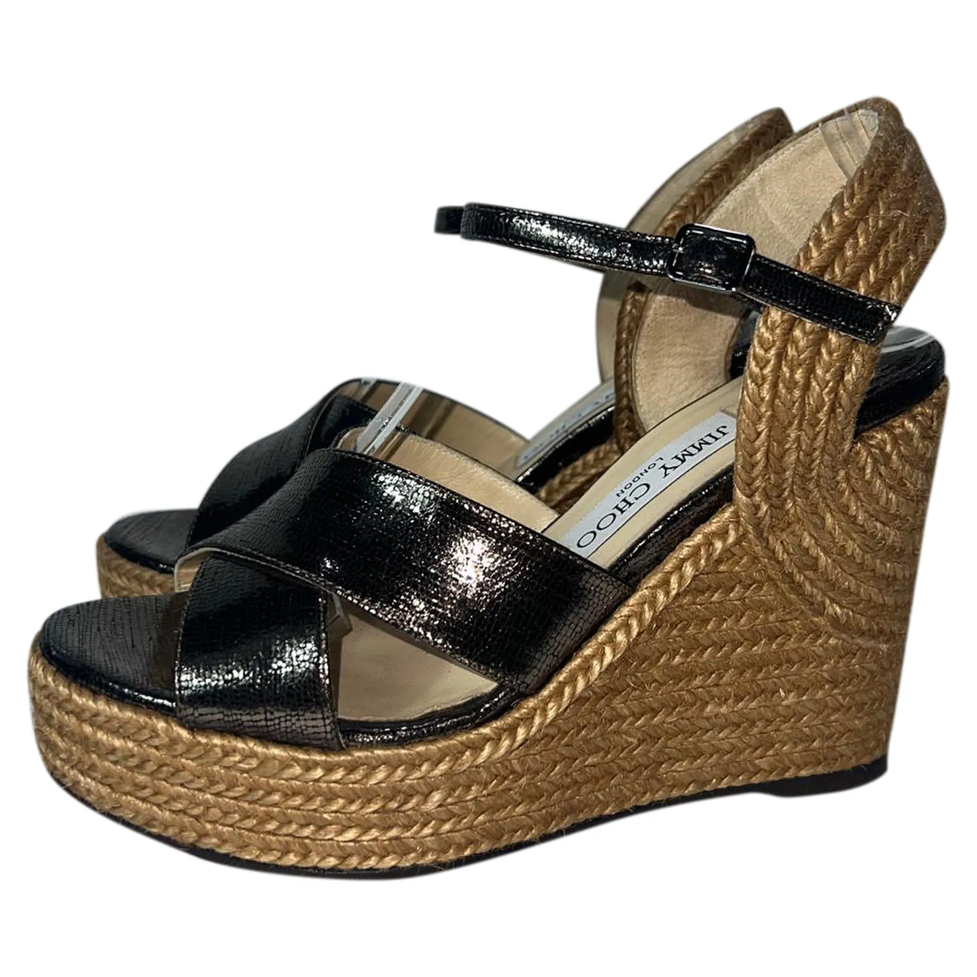 Jimmy Choo Dellena Sandales à Wedge Espadrille en Cuir Noir_Jimmy-Choo