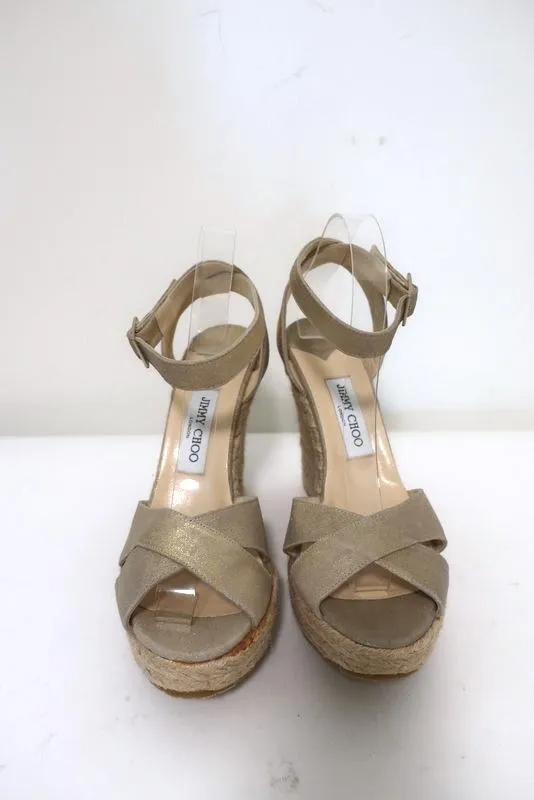 Jimmy Choo Phoenix Plateforme Espadrille Sandales à Wedge Métallisé Or Taille 42 NEUF