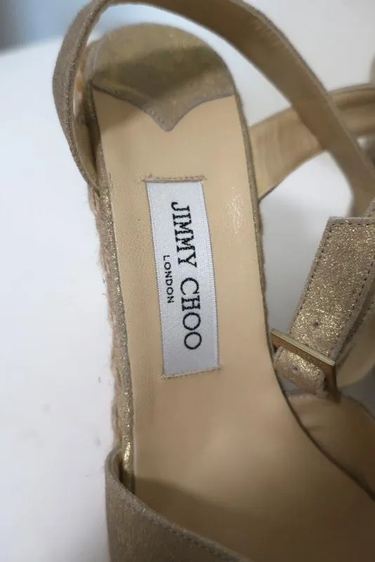 Jimmy Choo Phoenix Plateforme Espadrille Sandales à Wedge Métallisé Or Taille 42 NEUF