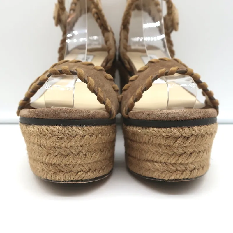 Jimmy Choo Escarpins Plateforme Espadrille Wedges Abigail Brown en Suède Brodé Taille 36.5