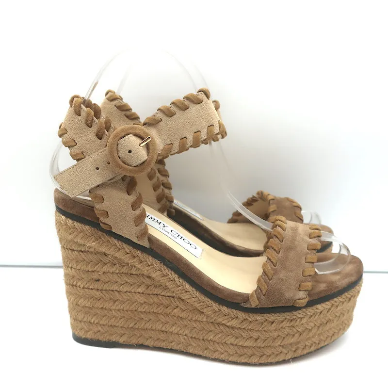 Jimmy Choo Escarpins Plateforme Espadrille Wedges Abigail Brown en Suède Brodé Taille 36.5