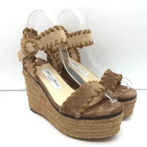 Jimmy Choo Escarpins Plateforme Espadrille Wedges Abigail Brown en Suède Brodé Taille 36.5