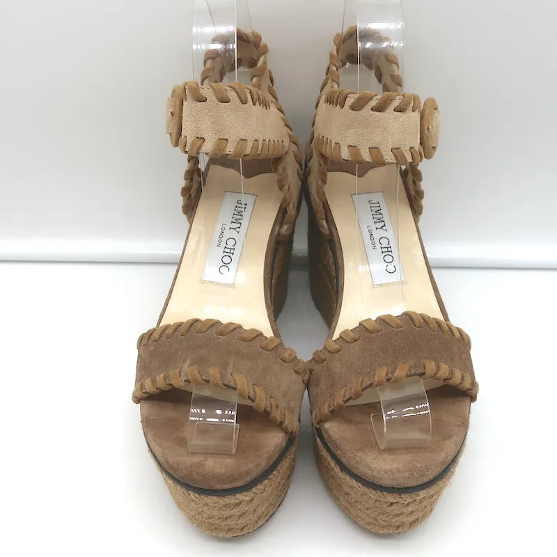 Jimmy Choo Escarpins Plateforme Espadrille Wedges Abigail Brown en Suède Brodé Taille 36.5