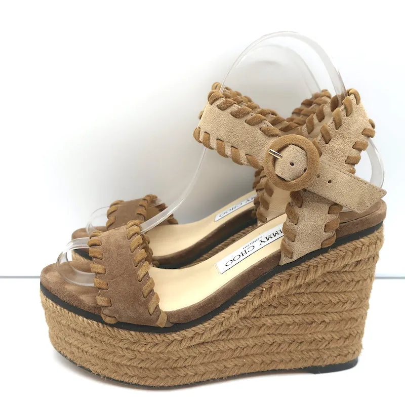 Jimmy Choo Escarpins Plateforme Espadrille Wedges Abigail Brown en Suède Brodé Taille 36.5