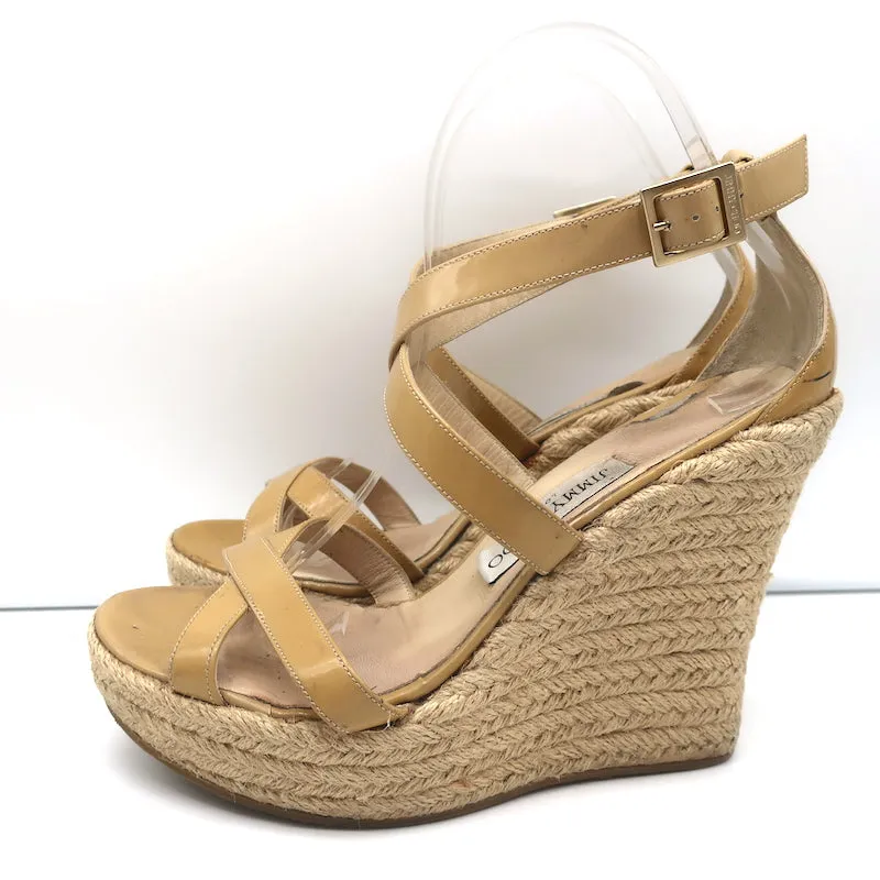 Jimmy Choo Porto Sandales Espadrilles à Wedge Entrecroisées en Cuir Patiné Nude Taille 39