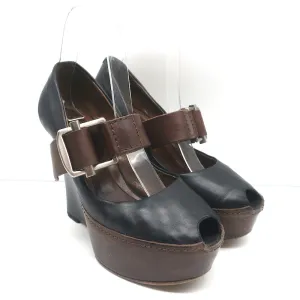 Escarpins à bride Marni à bout ouvert avec boucle et semelle compensée en cuir noir et marron taille 38