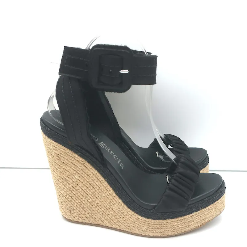 Sandales à plateforme Espadrille Pedro Garcia Teodora Noir Satin froncé Taille 38.5 NEUF