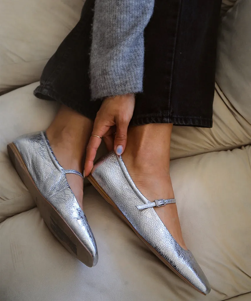 BALLERINES REYES EN CUIR ARGENTÉ VIEILLI