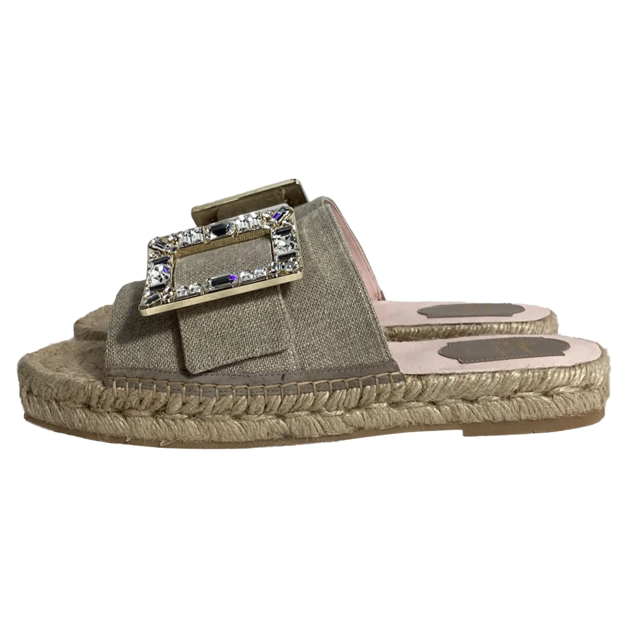 Roger Vivier Strass Espadrille à Plateforme en Toile de Lin Beige