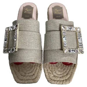 Roger Vivier Strass Espadrille à Plateforme en Toile de Lin Beige