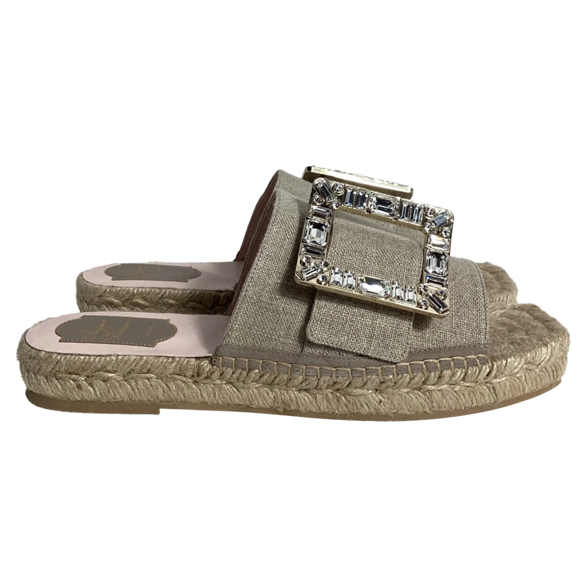 Roger Vivier Strass Espadrille à Plateforme en Toile de Lin Beige