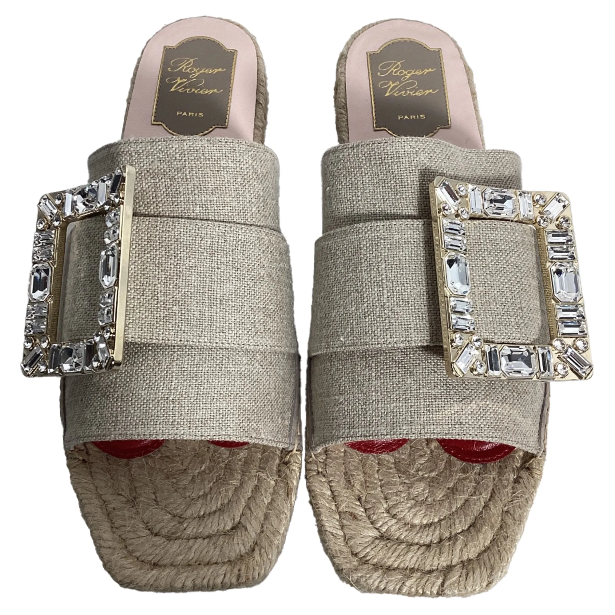 Roger Vivier Strass Espadrille à Plateforme en Toile de Lin Beige
