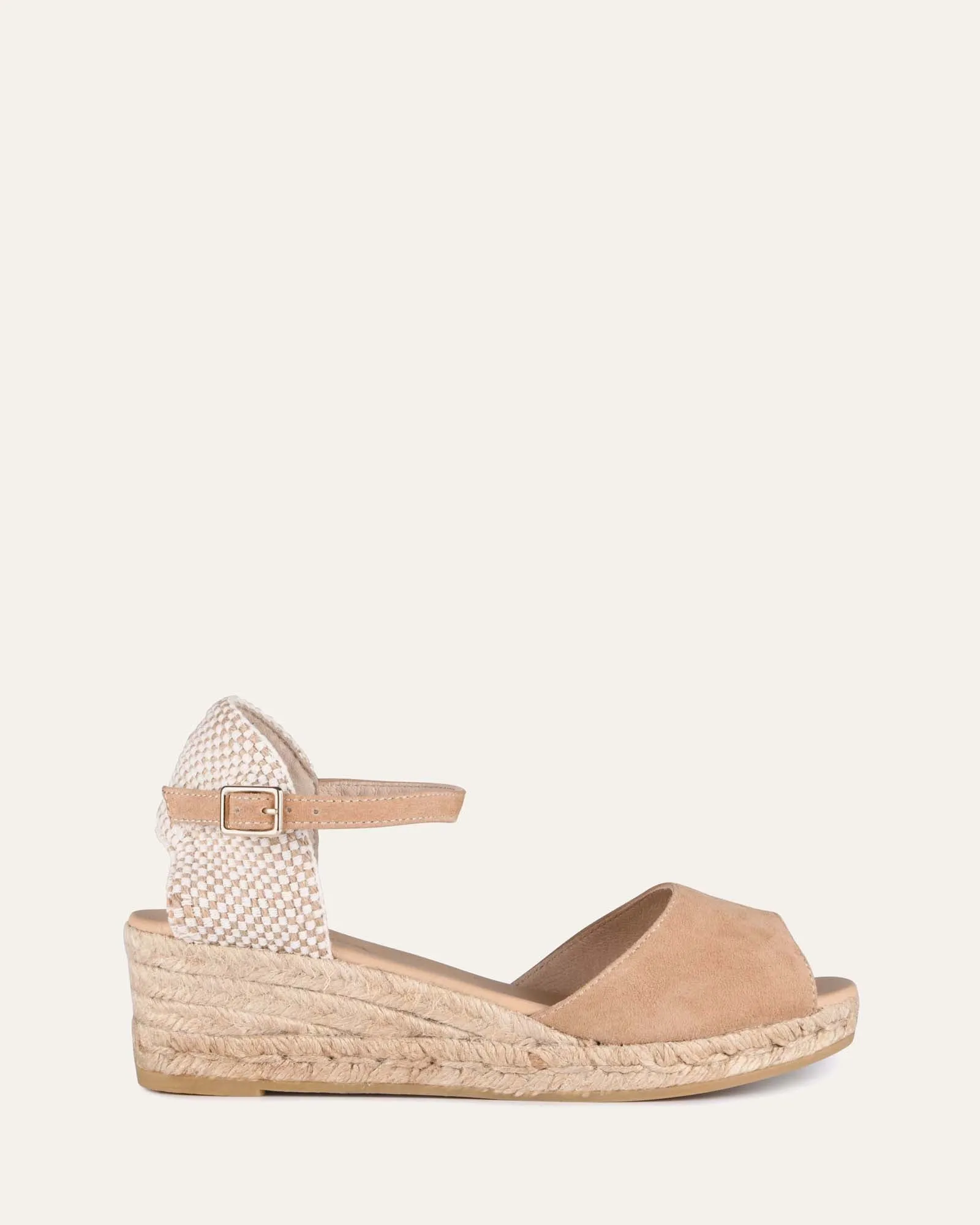 SANDALES ESPADRILLES À TALON BAS ET SEMELLE COMPENSÉE EN DAIM CAMEL