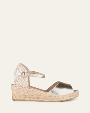 SANDALES ESPADRILLES À TALON BAS WEDGE EN CUIR DORÉ