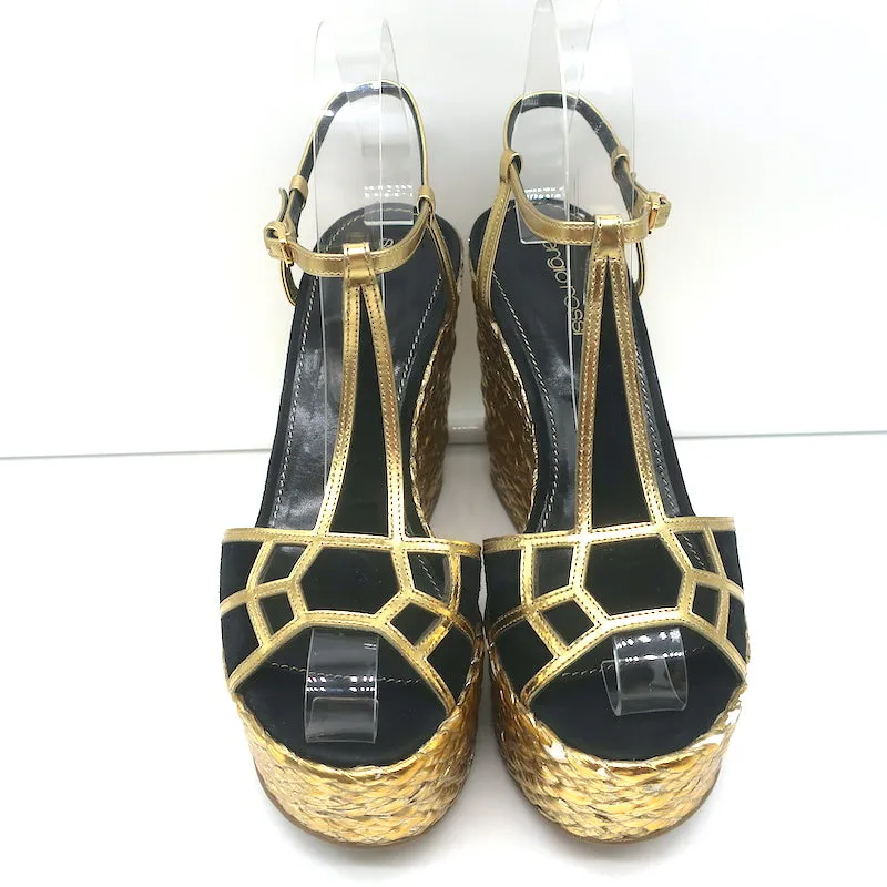 Sergio Rossi Espadrilles à Wedge Sandales Easy Puzzle Noir Suède Découpé Taille 37.5