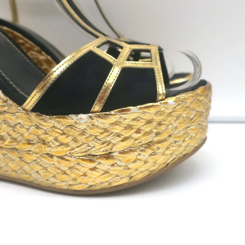 Sergio Rossi Espadrilles à Wedge Sandales Easy Puzzle Noir Suède Découpé Taille 37.5