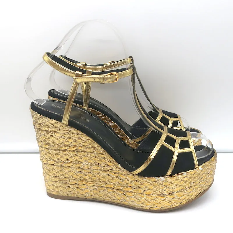 Sergio Rossi Espadrilles à Wedge Sandales Easy Puzzle Noir Suède Découpé Taille 37.5