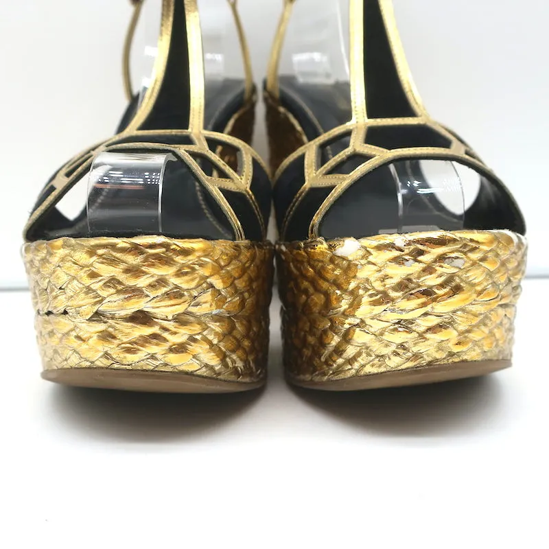 Sergio Rossi Espadrilles à Wedge Sandales Easy Puzzle Noir Suède Découpé Taille 37.5