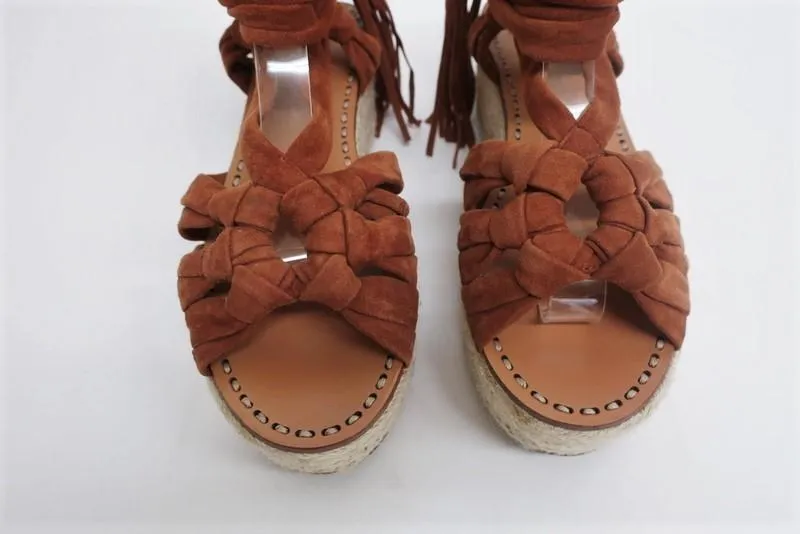 Sandales Espadrille Sigerson Morrison Cosie Suède Marron Taille 7.5 Bride à la Cheville Plateforme Wedge