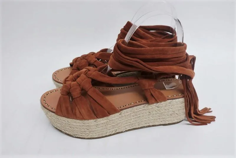Sandales Espadrille Sigerson Morrison Cosie Suède Marron Taille 7.5 Bride à la Cheville Plateforme Wedge