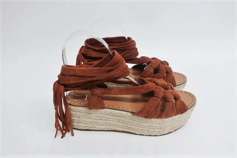 Sandales Espadrille Sigerson Morrison Cosie Suède Marron Taille 7.5 Bride à la Cheville Plateforme Wedge