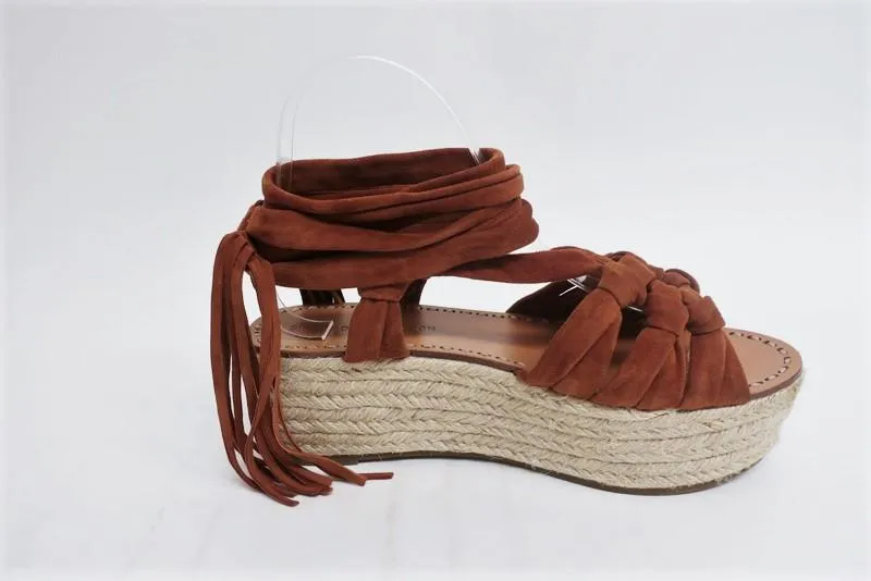 Sandales Espadrille Sigerson Morrison Cosie Suède Marron Taille 7.5 Bride à la Cheville Plateforme Wedge