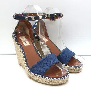 Valentino Escarpins Wedge Espadrille Rockstud en Denim Bleu Cuir Taille 36 NEUF