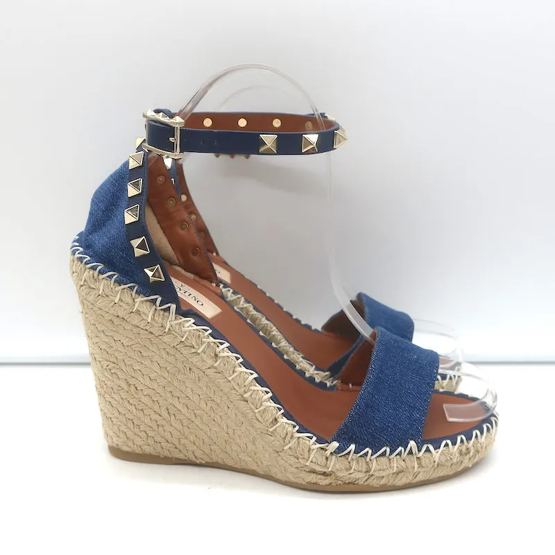 Valentino Escarpins Wedge Espadrille Rockstud en Denim Bleu Cuir Taille 36 NEUF