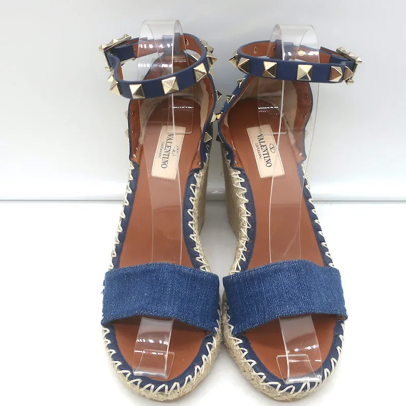 Valentino Escarpins Wedge Espadrille Rockstud en Denim Bleu Cuir Taille 36 NEUF