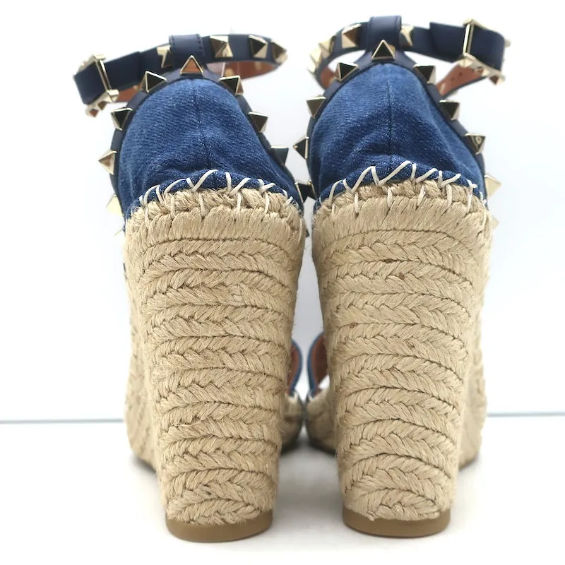 Valentino Escarpins Wedge Espadrille Rockstud en Denim Bleu Cuir Taille 36 NEUF